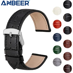 ANBEER Alligator Texture Leather Watch Strap 14mm 18mm 19mm 20mm 21mm 22mm Watch Accessories Watch Band Silver Buckle