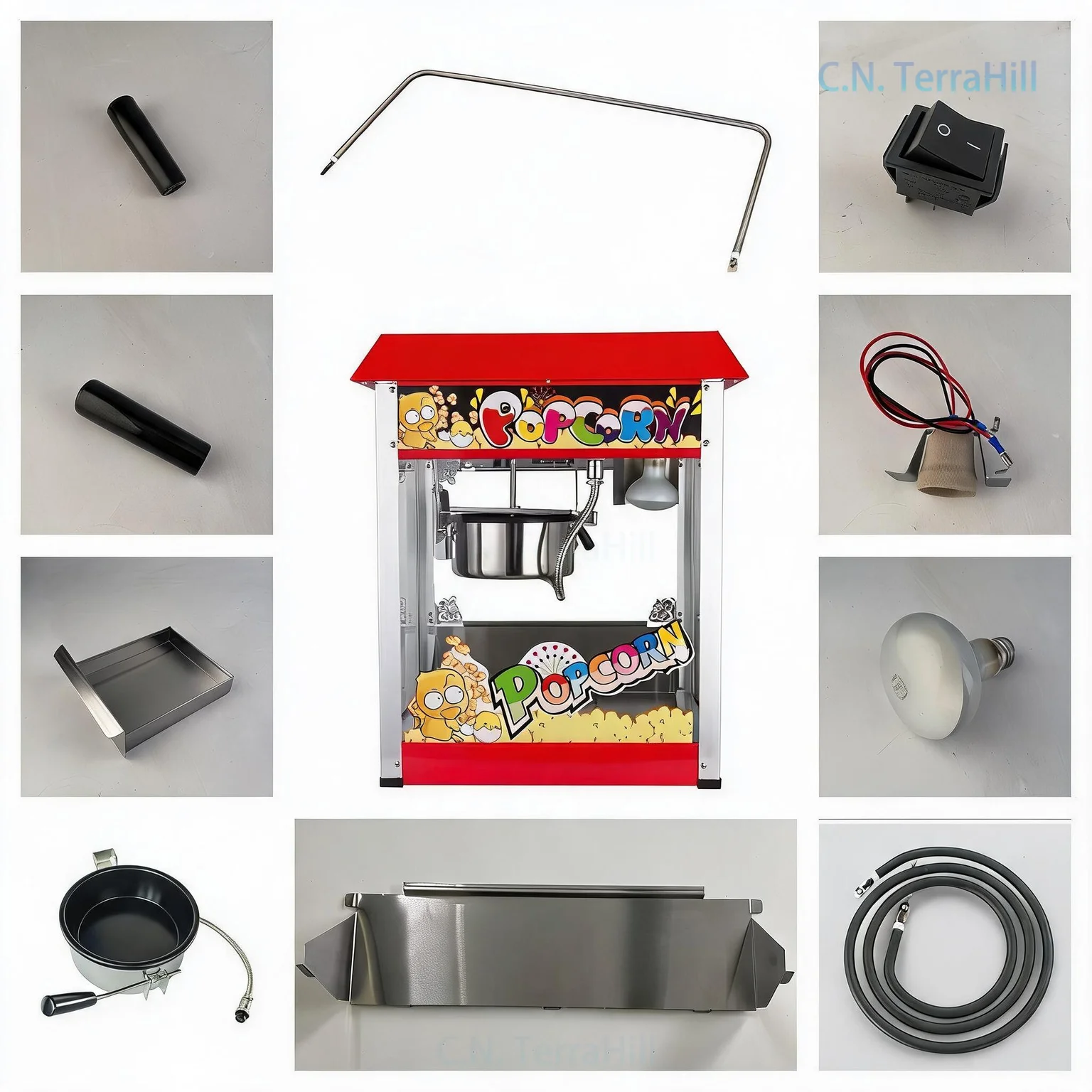 Popcorn Machine Replacement Heating Element Bulb 8oz Non-Stick Pot Oil Drip Pan Lid Stirring Shaft Parts