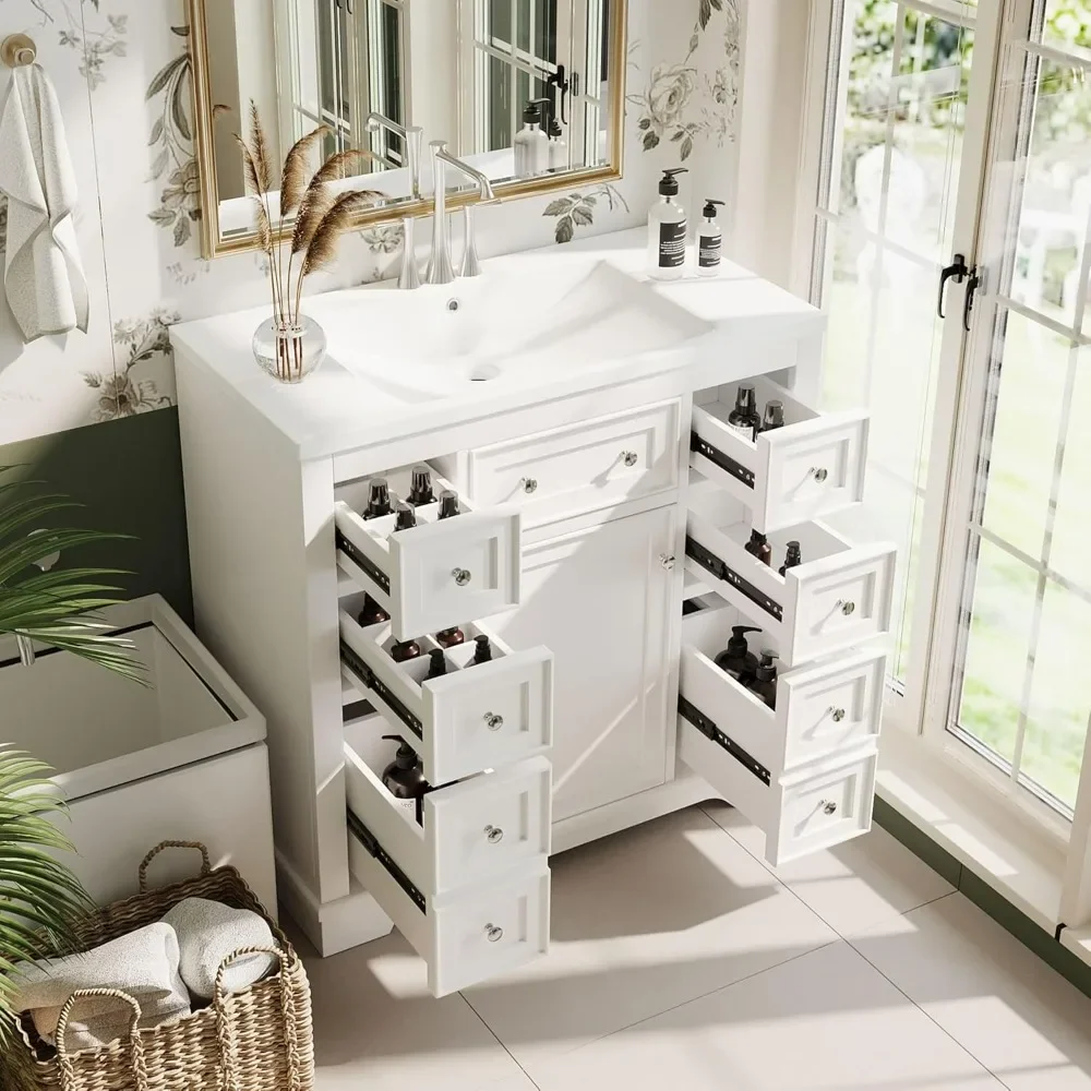 

36" Bathroom Vanity Cabinet with Sink Top Combo Set, Bathroom Cabinet with Single Door and 6 Drawers, White