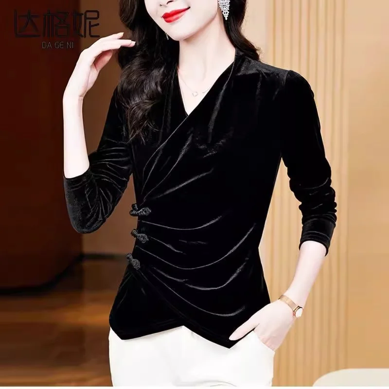 2024 Autumn New Women's Long Sleeved High End Velvet Button Up Shirt V-neck Cross Top Female Versatile Small Shirt External Wear