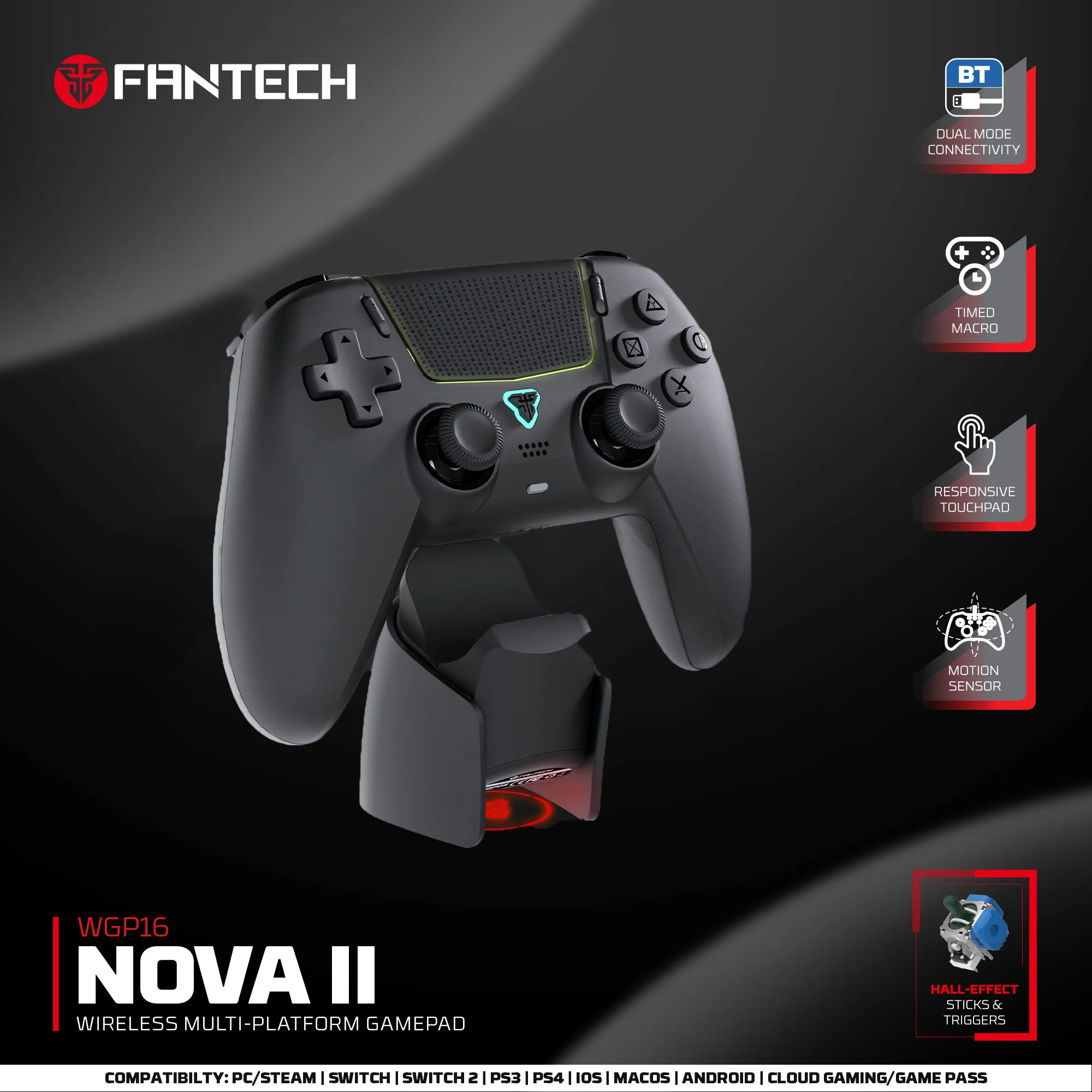 FANTECH NOVA II WGP16 Wireless Controller Hall Joystick and Effect Trigger Built-in Speaker for PS4 NS2 Gamepad Wired Controller