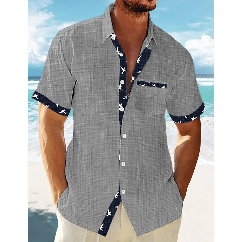 Men\'s shirt summer casual fashion beach shirt short-sleeved striped lapel spring and summer Hawaiian vacation top