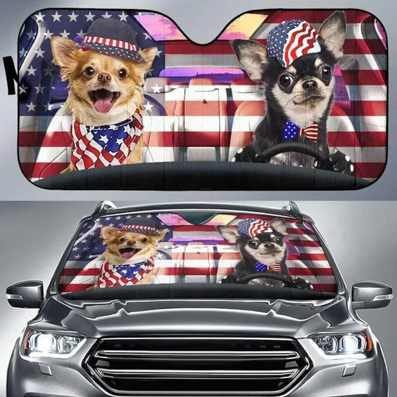 American Chihuahua Cute Dog 4th Of July Holiday Couple Patriotsl Windshield Car Sunshade