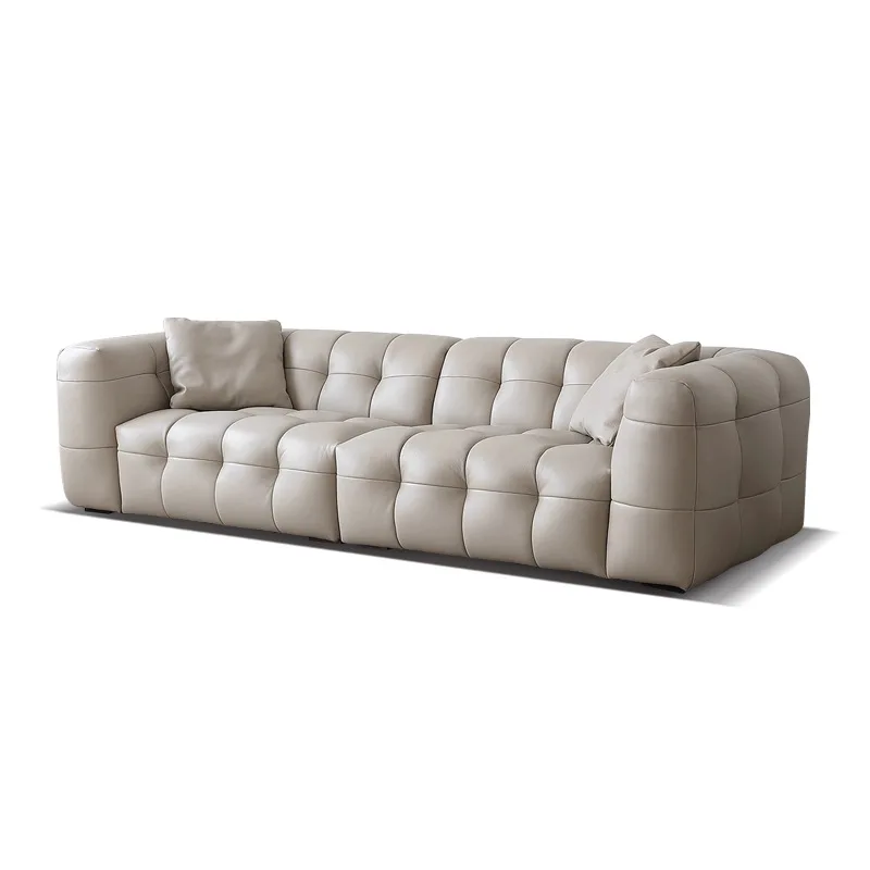 

Italian marshmallow sofa leather black high-end living room minimalist soft decoration straight row cowhide puff sofa