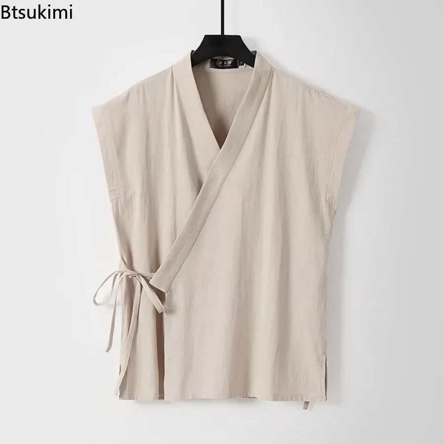 Chinese Traditional Clothes Men\'s Cotton Linen Tank Tops Sleeveless Tang Suit Tops Kimono Cardigan Solid Vintage Hanfu Vest Male