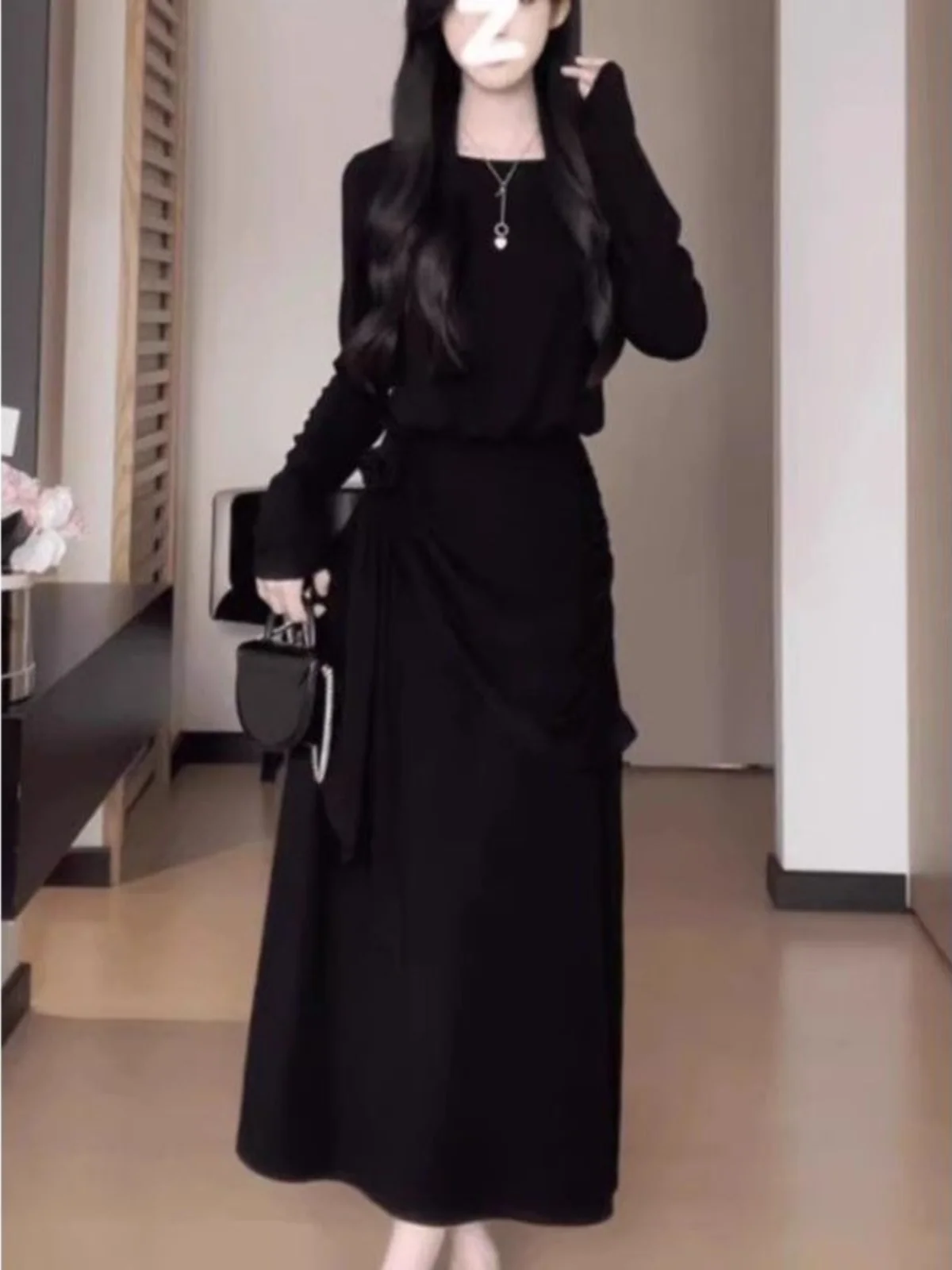 

Elegant Black Asymmetrical Long Sleeve Dress Women's Fashion Spring Autumn New Style Miniature Bodycon Short Skirt Design