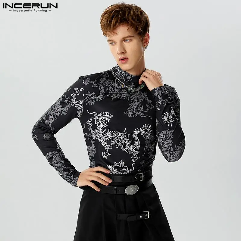 2023 Men T Shirts Vintage Printing Turtleneck Long Sleeve Casual Camisetas Streetwear Fitness Autumn Undershirt S-5XL INCERUN