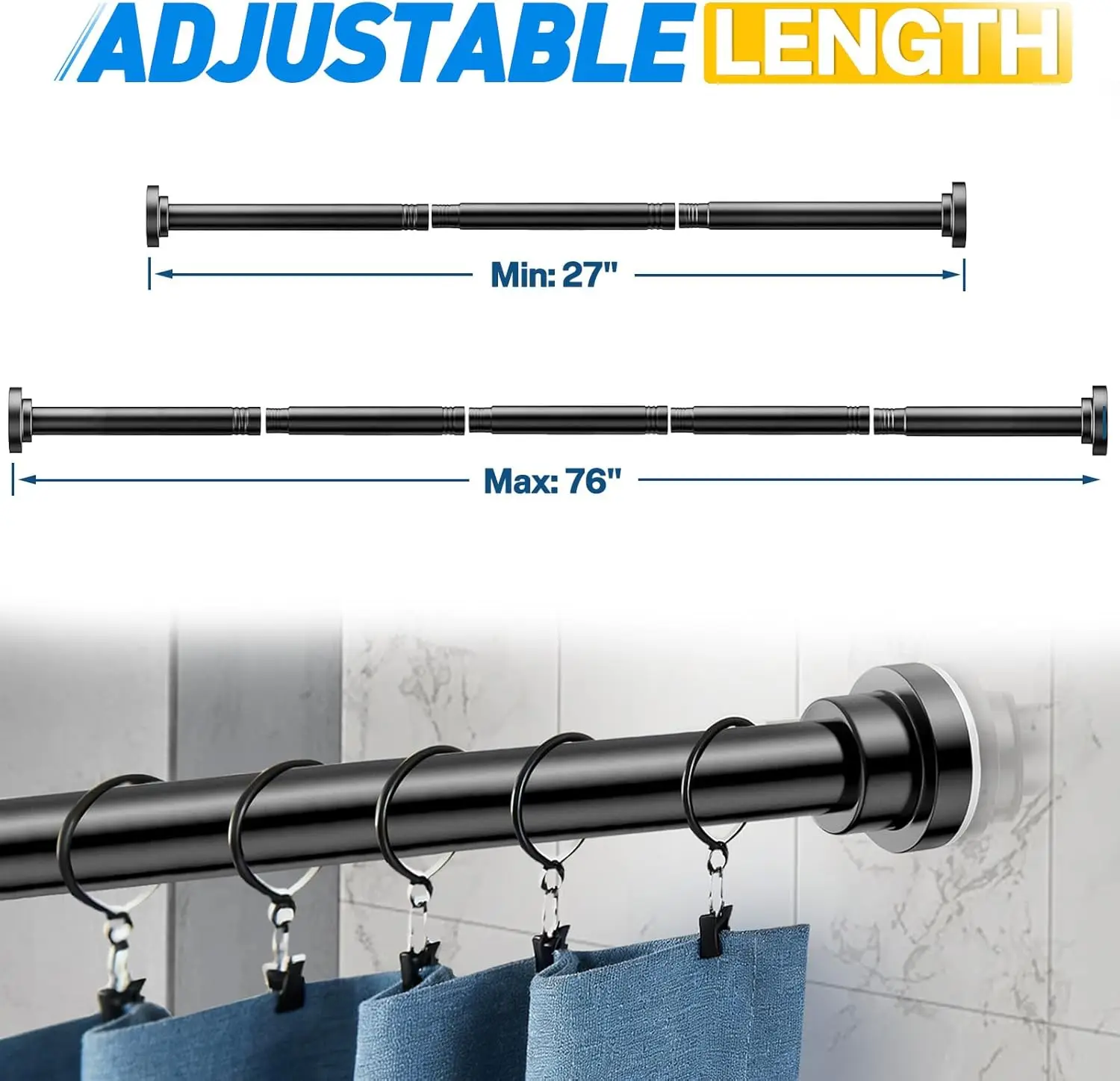Shower Curtain Rod, 27-76 Inch Adjustable Tension Rod, 1 Inch Diameter Stainless Steel, Heavy Duty Non-Slip for Bathroom