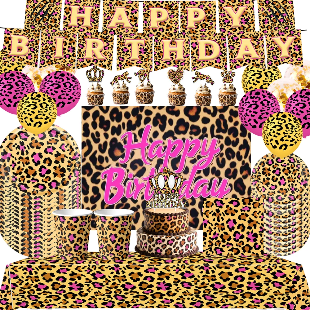 

Pink Leopard Theme Birthday Party Tableware Decor Animal Cheetah Balloon Banner Cake Topper Backdrops Kids Baby Shower Supplie