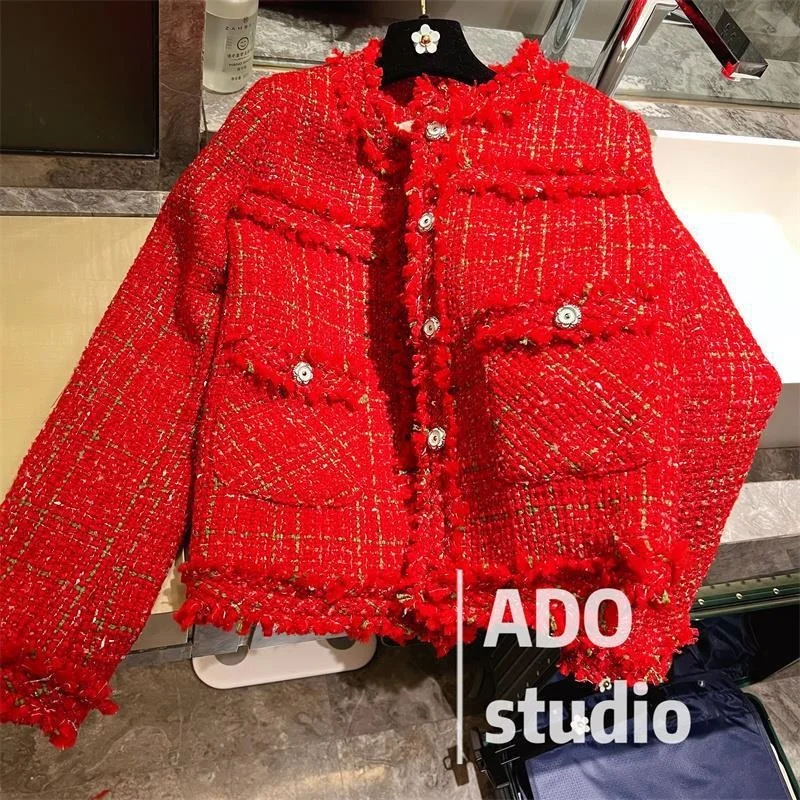 Wool Red Jacket Woman Fluffy Short Padded Warm Tweed Winter Woolen 2023 Cropped Cold Coat