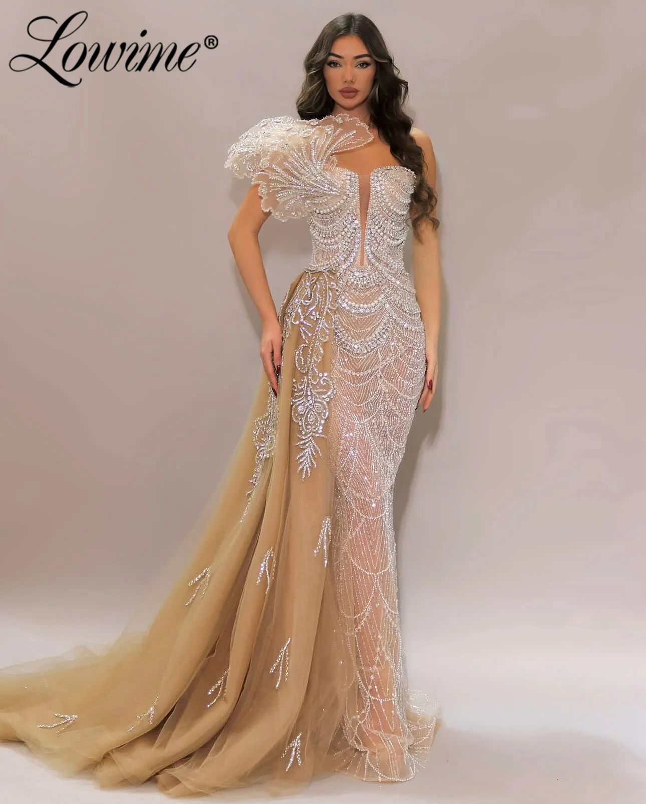 

Arabic Champagne Prom Dress One Shoulder Beaded Pearls Customized Mermaid Party Dresses For Weddings Women Evening Gowns Robe