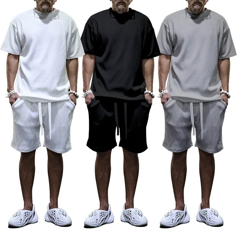 

Pop Summer High Quality Men's Clothing Japanese And Korean Style Loose Large Size Cool Casual Short Sleeve Shorts Two-piece Set