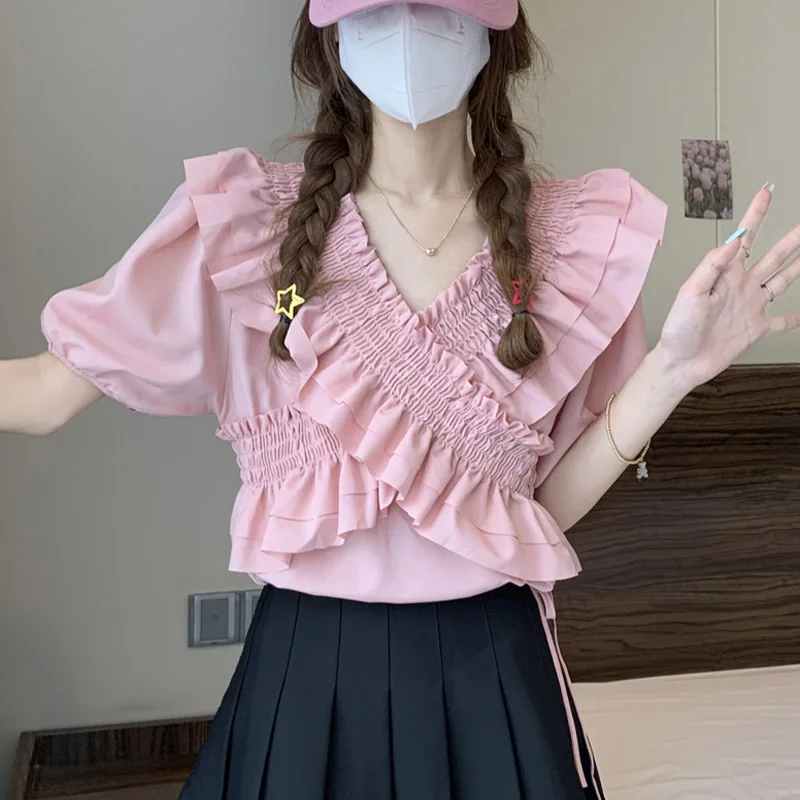 Summer Fashion Ruffles Solid Short Sleeve Blouses Women's New Elegant Slim V-neck Thin Elastic Tops