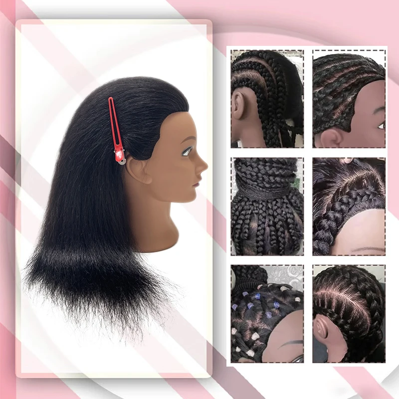 100% Animal Hair African Premium Mannequin Head and Free Fixture Bracket for Manikin Doll Styling Braiding Hairstylist Training