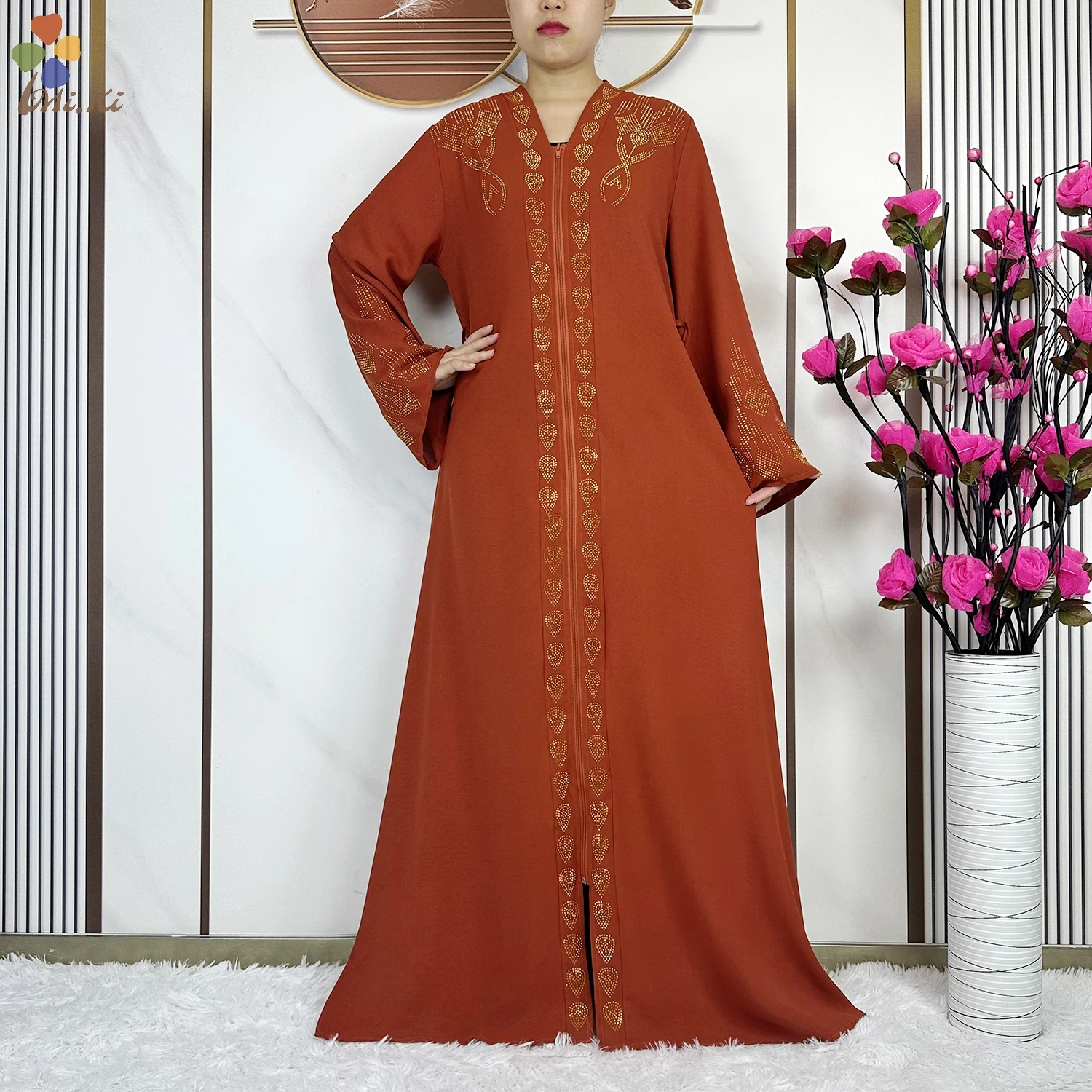 Open Style Muslim Prayer Dress for Women Abaya African Gold Rhinestone Long Cardigan Zipper Robe Dubai Islamic Clothing