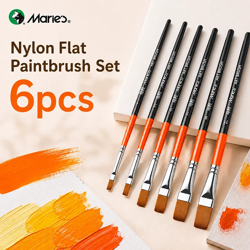Marie's 6pcs Flat Brushes for Artists,Soft Nylon Brushes for Acrylic,Oil,Facbric,Watercolor & Painting,Back to School Gift