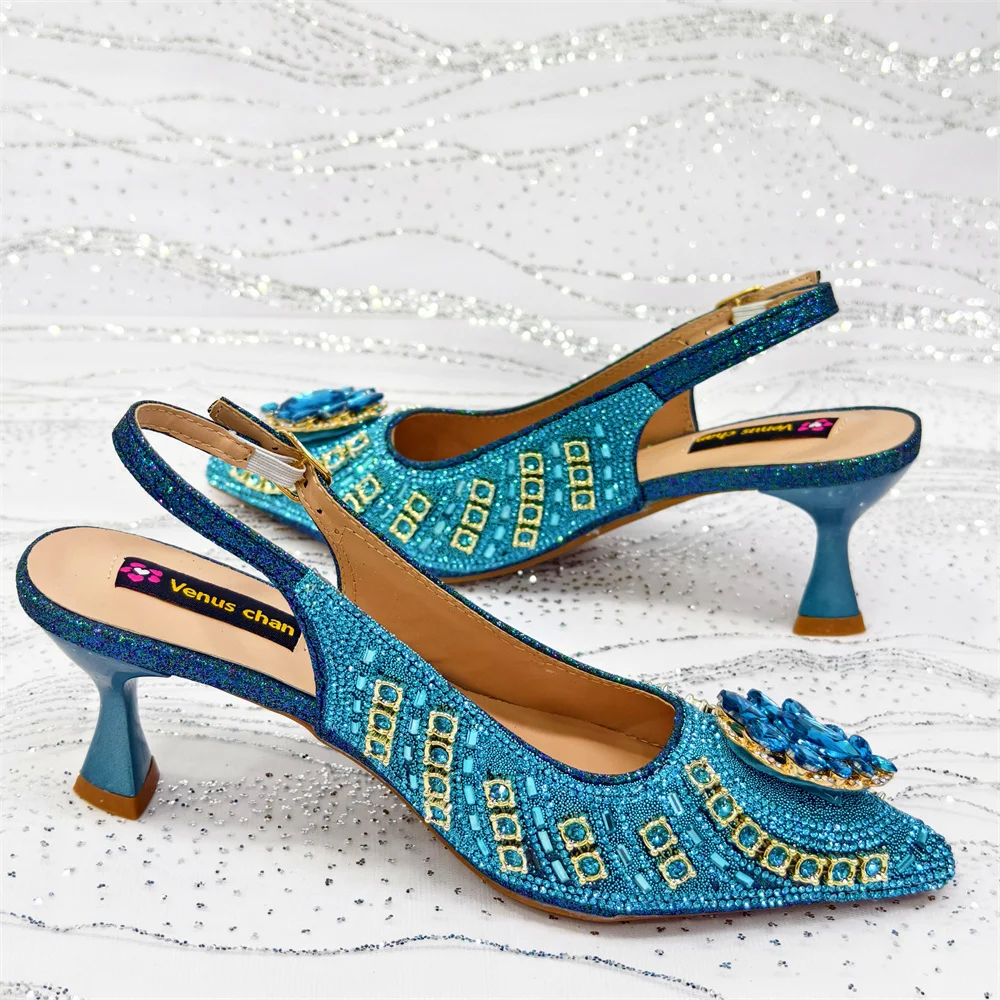 Elegant Sky Blue Rhinestone High Heel Shoes & Handbag Set – Luxury Wedding & Party Accessories
