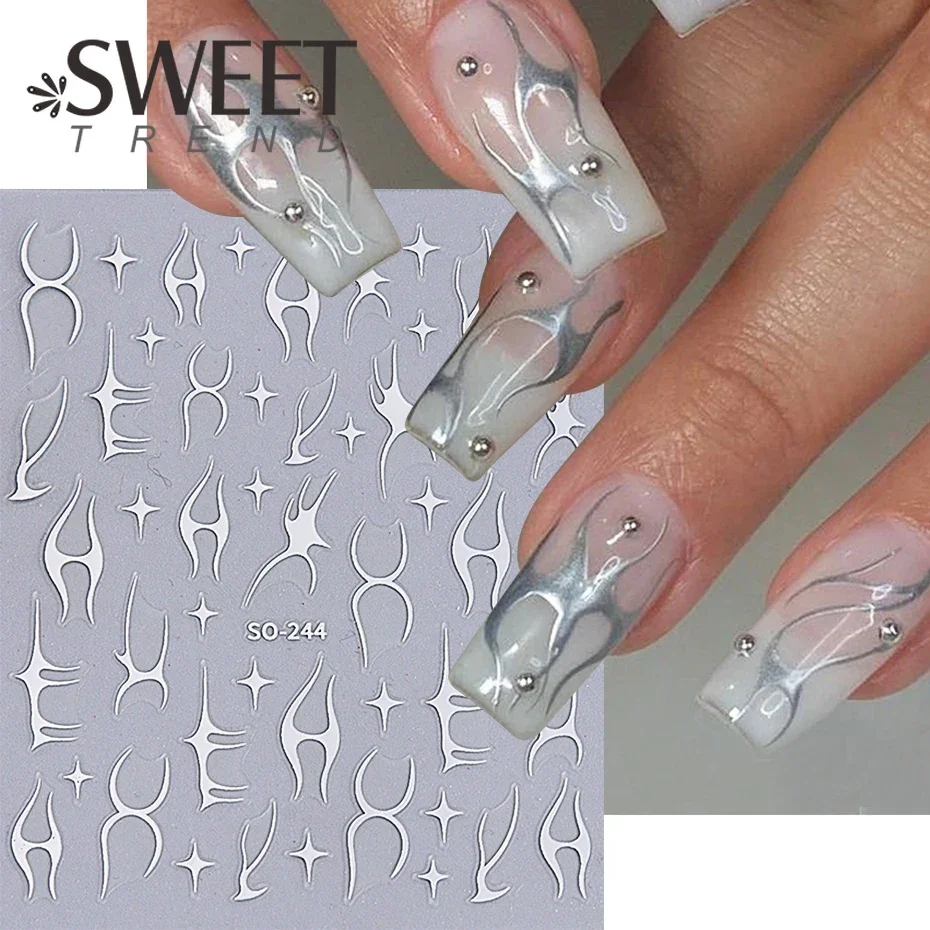 Y2K Metal Silver Flame Nail Art Stickers Black Gold Stripe Lines Adhesive Sliders Design Manicure French Nail Decoration Decal