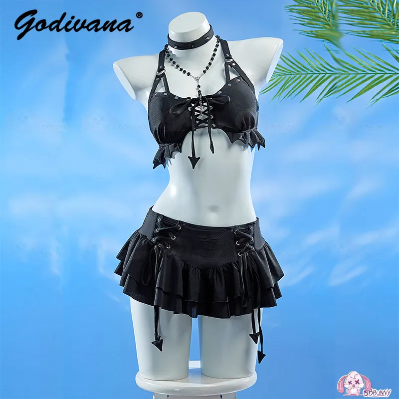 Women Dark Gothic Split Swimsuit Set Cosplay Costume Ruffle Two‑Piece Bathing Suit For Beach Comic Con Themed Role‑Play Outfit