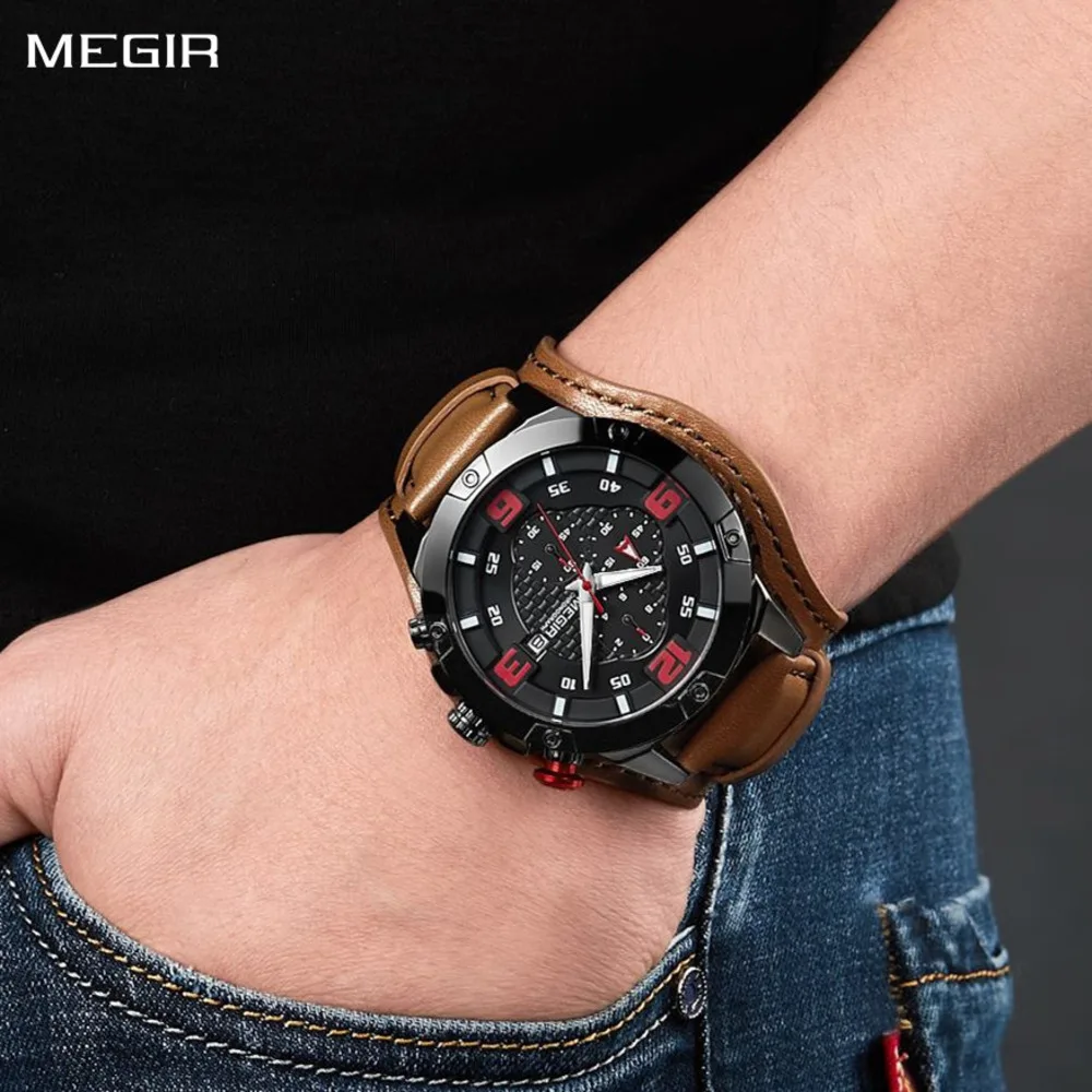 MEGIR-Homens grandes Dial Quartz relógio de pulso, cronógrafo relógio, impermeável, mãos luminosas, esportes, marca