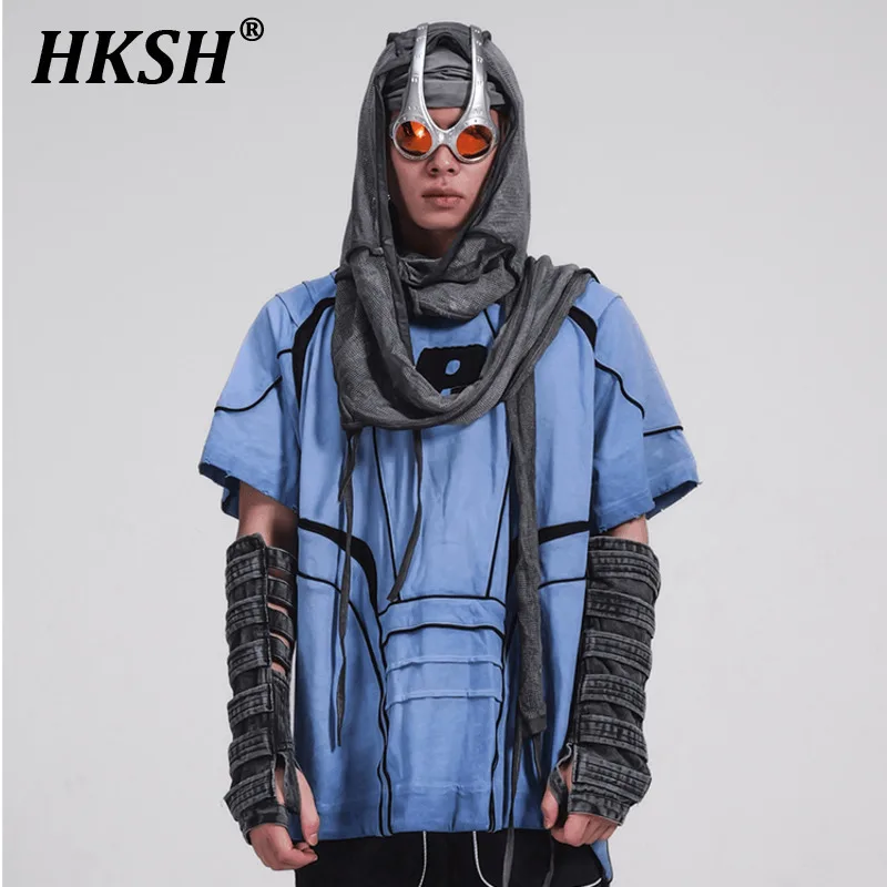 

HKSH Waste Land Style Men's Tide Racing Element Color Contrast Embroidery Loose Silhouette T-shirt Fashion Chic Dark Tees HK2739