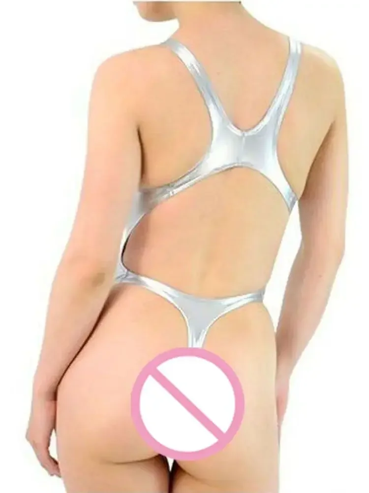 Women Shiny Metallic Bodysuit, T-Back High Cut Leotard, Glossy Open Back One Piece Swimsuit Bikini Bathing Suit Stage Cosplay