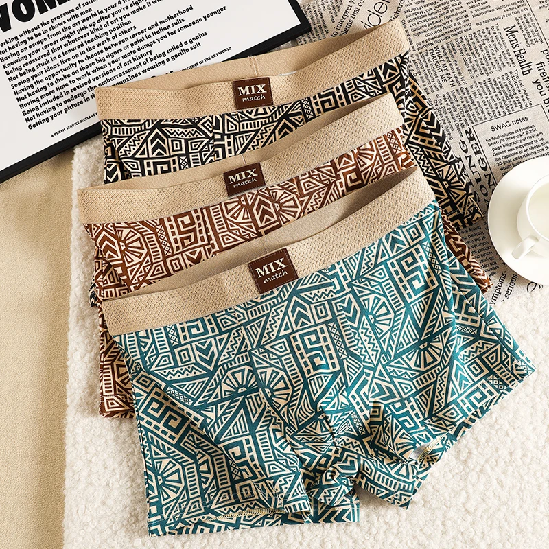 

3-Pack Men's Boxer Briefs - Large U-Shaped Mesh Breathable Crotch, Retro Print, Stylish Underwear, High-Elasticity Waistband