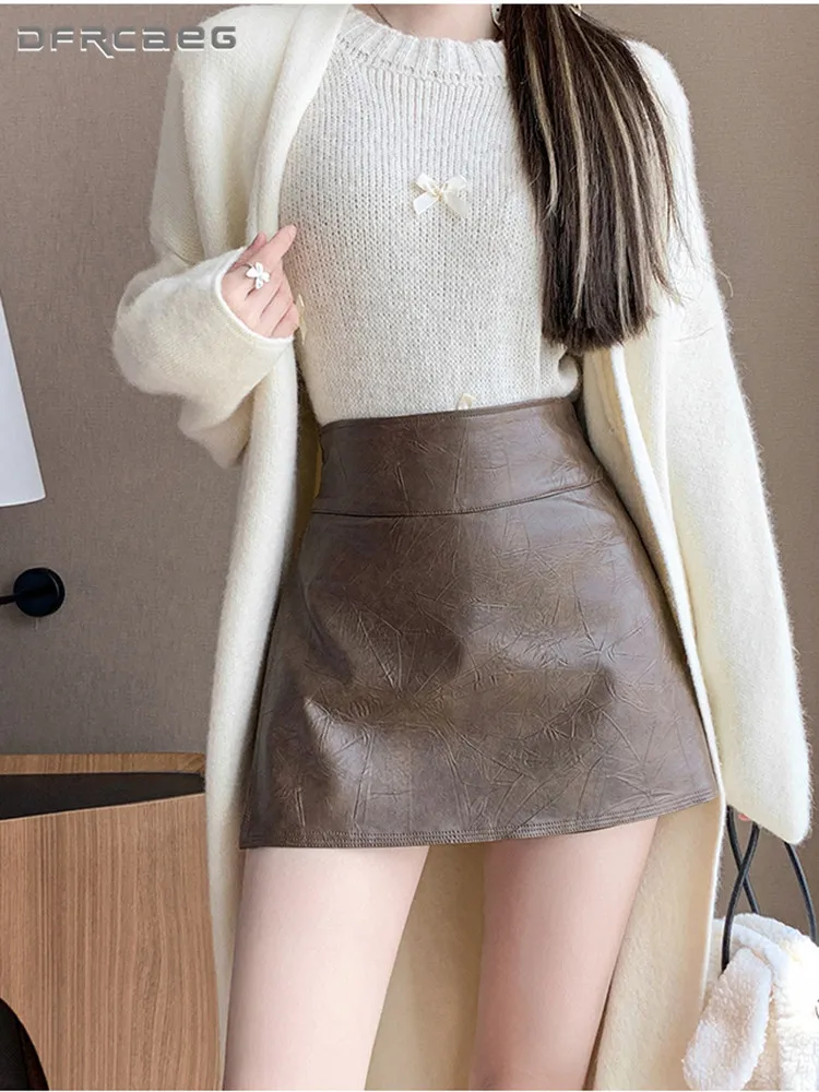 

Korean Style Vintage Pu Leather Pencil Skirt For Woman High Waist Slim Sexy Nigh Club Mini Short Skirts Female