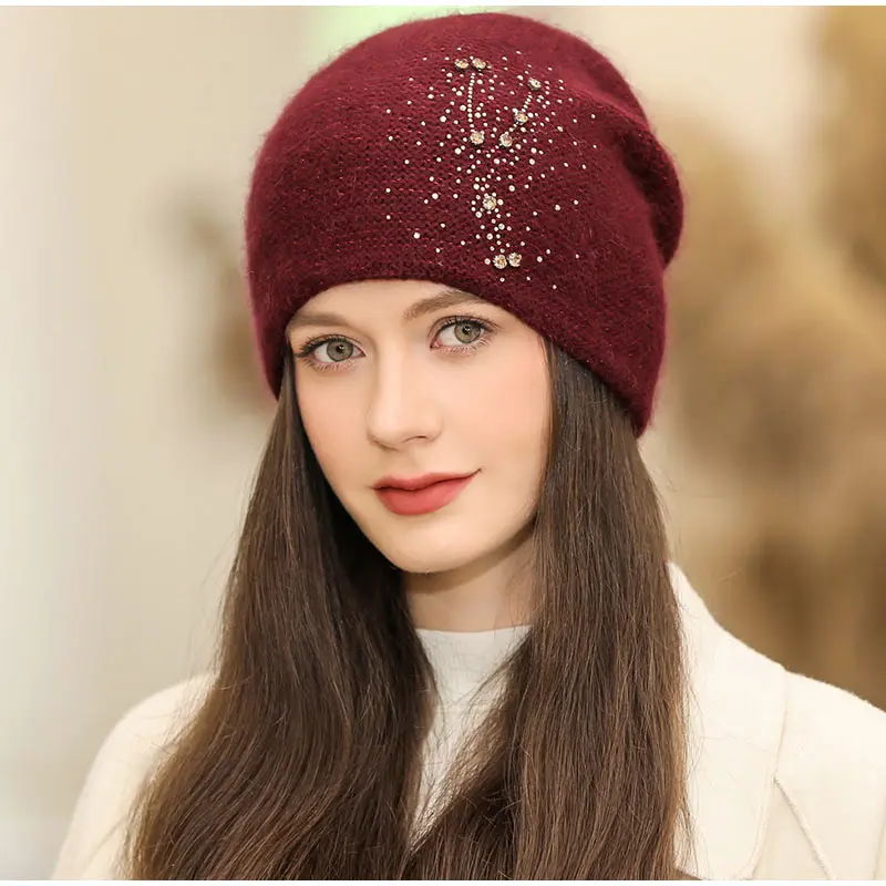 Hot Sale Women Winter Hat Decorate Beanie Hat Rabbit Fur Blend Winter Dandy Cap Female Casual Streetwear Knitted Hat New Year