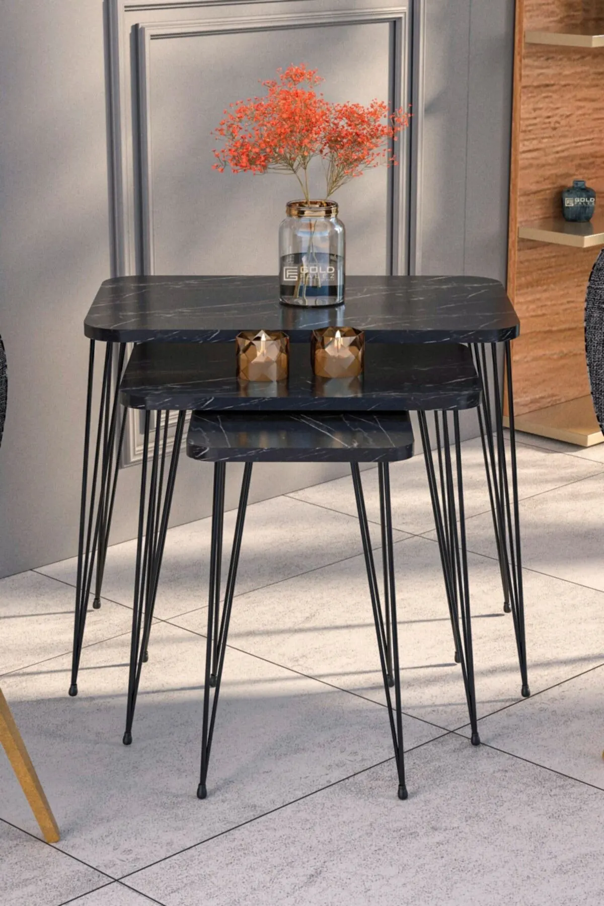 Modern Nelling Table And Center Table Set Black Wire Metal Leg 4 Pieces De Mounted Rectangle Tea Coffee Service Table Living Roo