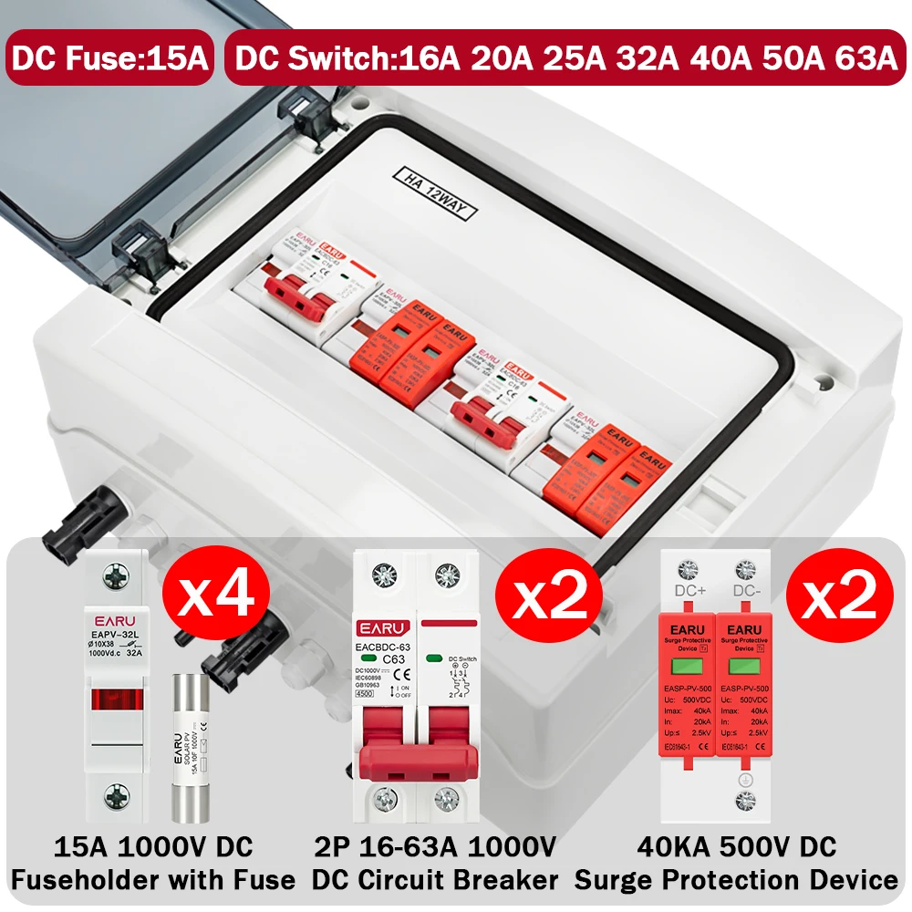 Solar Photovoltaic PV Combiner Box With Lightning Protection 2 Input 2 Out DC 500V 15A Fuse MCB SPD HT Waterproof Box IP65 12Way