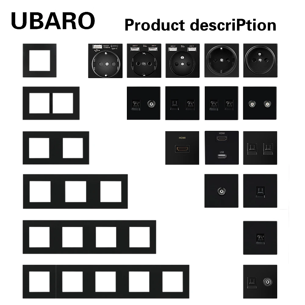 UBARO EU Standard Multi Size USB TV Computer Socket Touch Switch With Tempered Glass Frame Accessory Installation Black DIY Part
