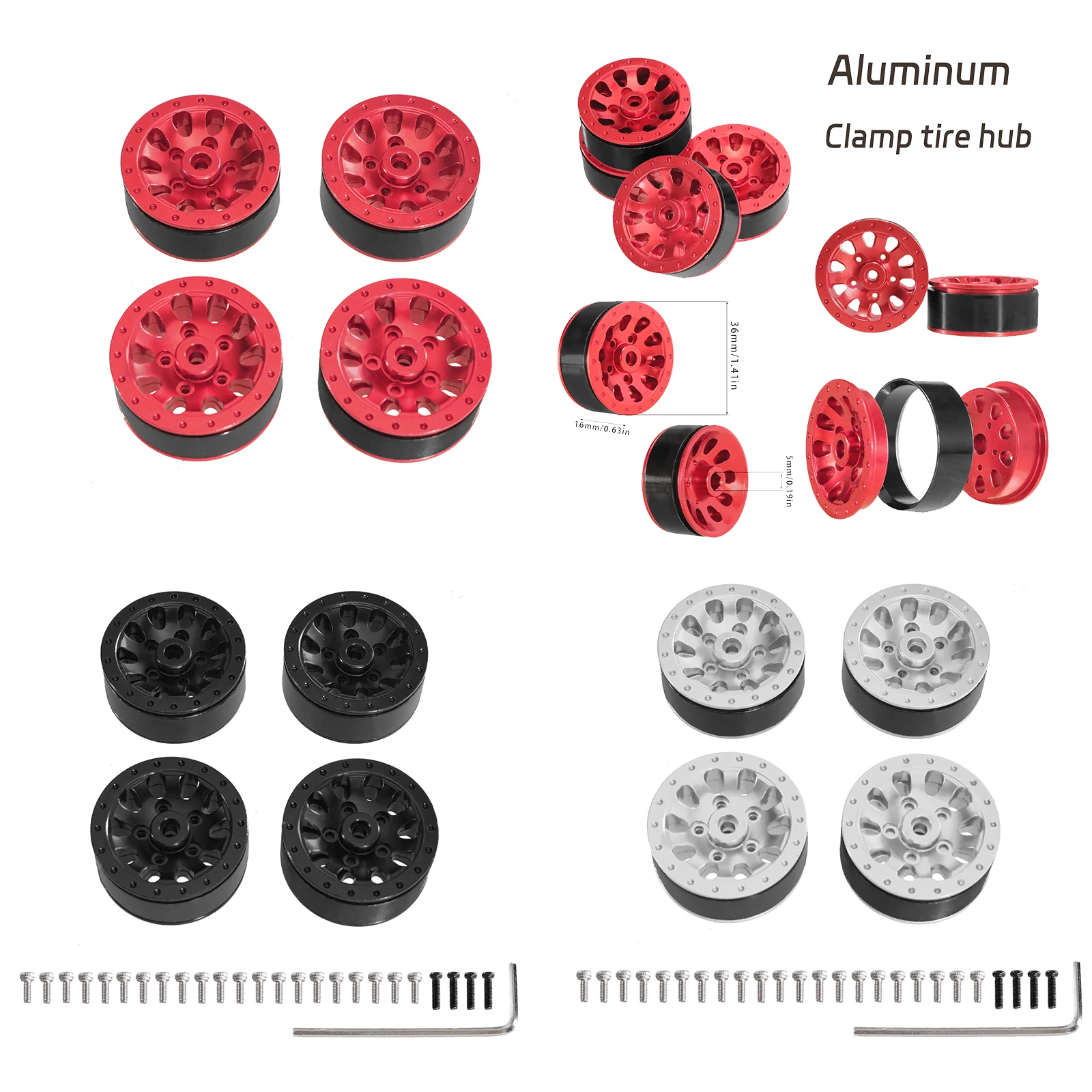 Aluminum bead lock tire hub Outer diameter 36mm, width 16mm, adapter 5mm,   for MN 1/12 99s 82 78 D90 WPL 1/16 C14 RC Car