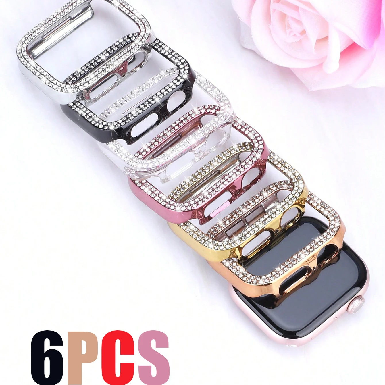 

6pcs Stylish Sparkling Rhinestone Protective Case for Apple Watch Series 11 10 9 8 7 6 5 4 SE 40 41 42 44 45 46mm Cutout Design