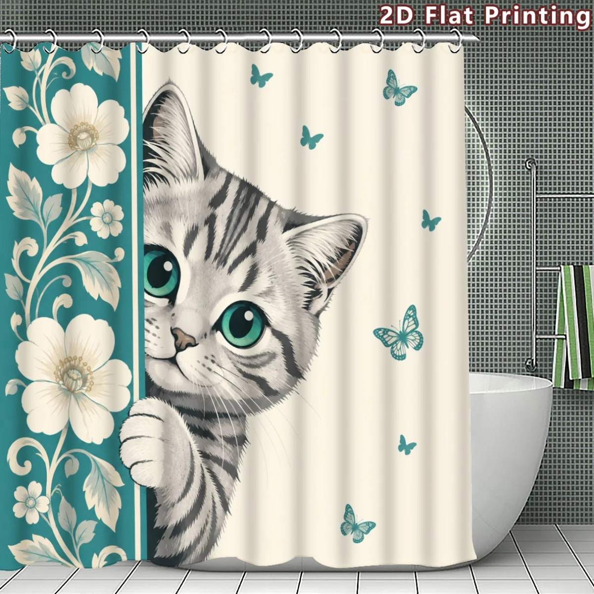 Cute Kitten Floral Bathroom Shower Curtain Waterproof Pet Lover Nursery Decor Shower Curtain