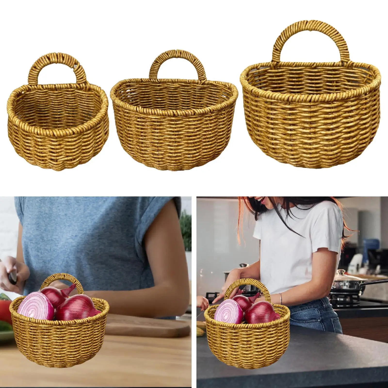 Cesta de almacenamiento colgante, contenedor de almacenamiento, adorno de estilo rústico, cesta de almacenamiento de ratán de imitación para el hogar, jengibre, ajo, patata, artículos diversos