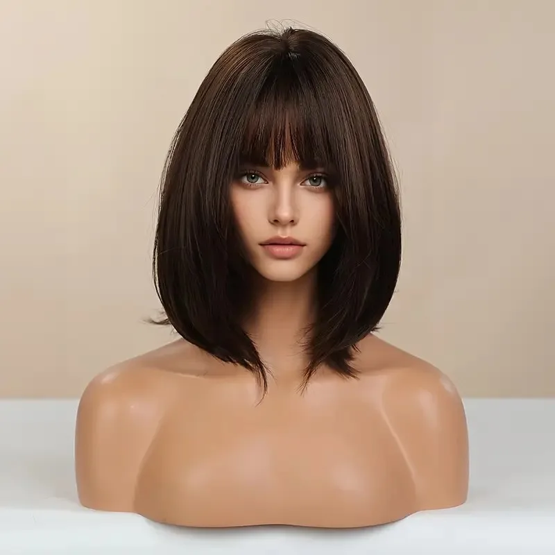 

Synthetic Hair Heat Resistant Bob Straight Dress Up Wig With Bangs Dark brown