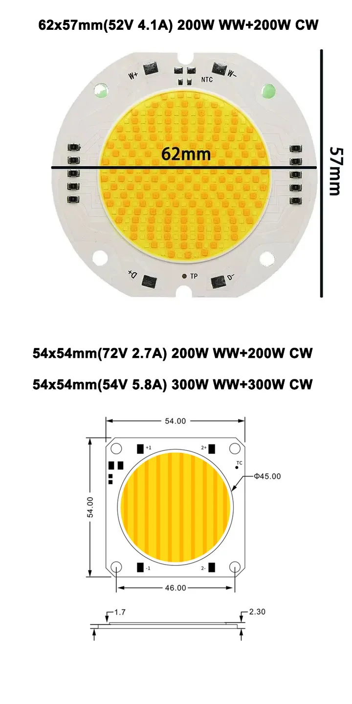 High CRI RA 95+ 54*54mm/62*57mm 400W (200CW+200WW) COB LED 2700K Warm White+6800K Cool White for Photography DIY