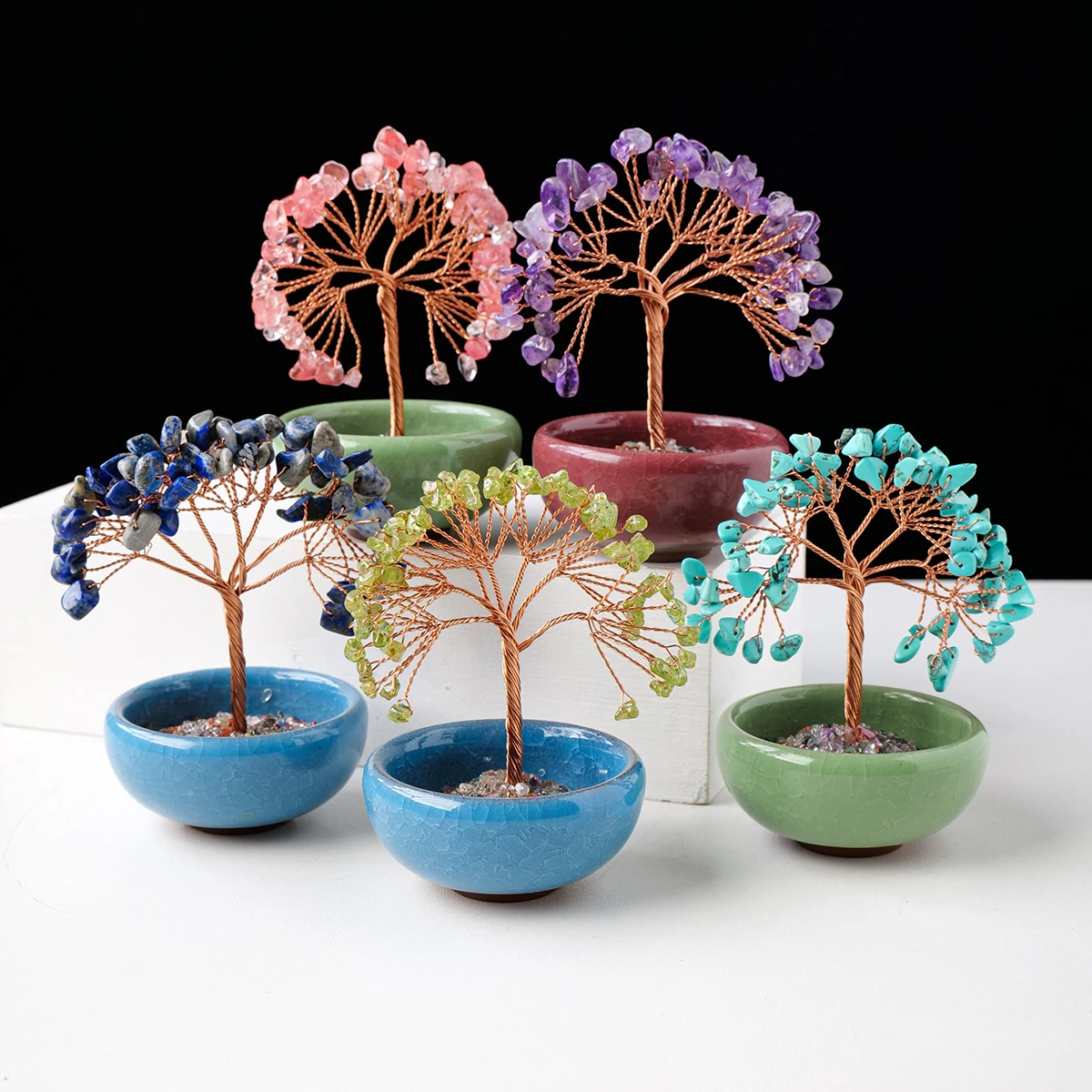 1PC Natural Crystal Tree Energy Stone and Crystal Money Tree Copper Wire Wrapped Colorful Flower Pots Yoga Feng Shui Trees