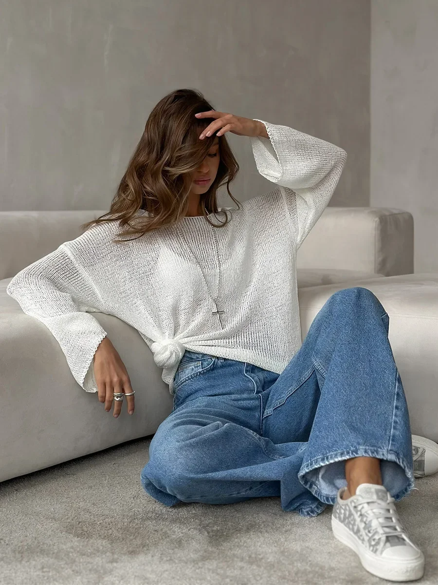 

Simple Solid Color Long Sleeved Sweater Women's Spring Knitted Hollow Top Loose Versatile Casual Sweater Pullovers
