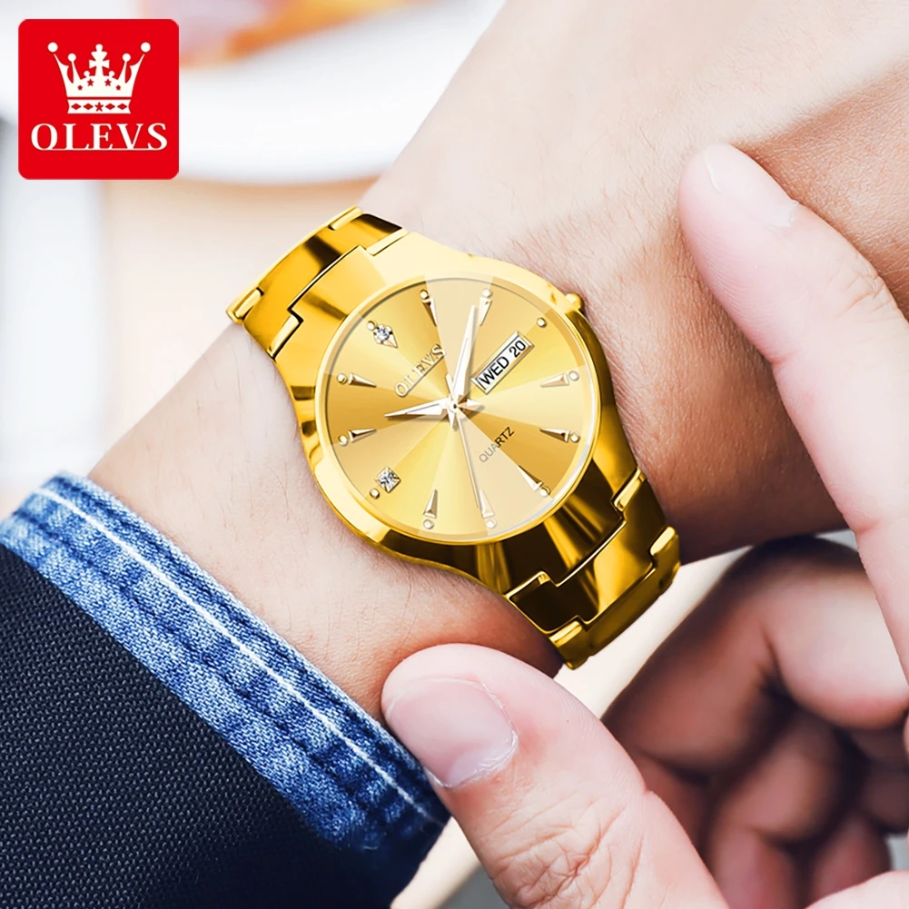 OELVS 8697 Quartz Men's Wristwatch Luxury Tungsten Steel Strap Waterproof Luminous Dual Calendar Original Men's Watch