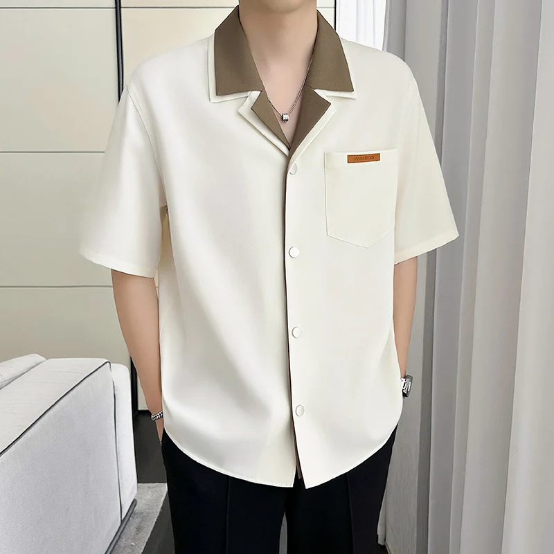 

Korean Fashion Splicing Shirt Men Summer Short Sleeve Loose Casual Shirts Breathable Comfortable Social Streetwear Shirts 2025