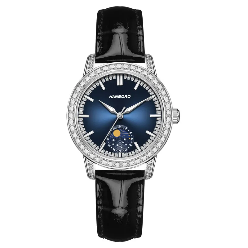 HANBORO Women Quartz Watch 34mm Ladies Wristwatch Sapphire Mirror Sun-moon Dial