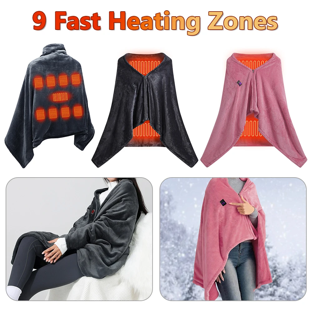 Wearable Heating Electric Blanket Shawl 3 Heated Level Throw Blanket 5v USB Charging Coral Velvet 8 Heated Areas Fast Heating