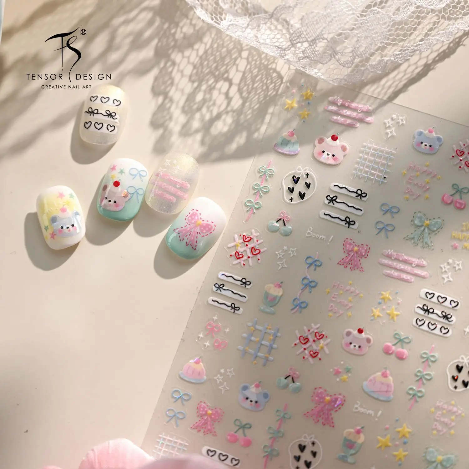 5D Nail Stickers Cartoon Pink Blue Bear Dessert Cake English Design Nail Art Stickers Bear Embossed Nail Decorat Stickers Decals