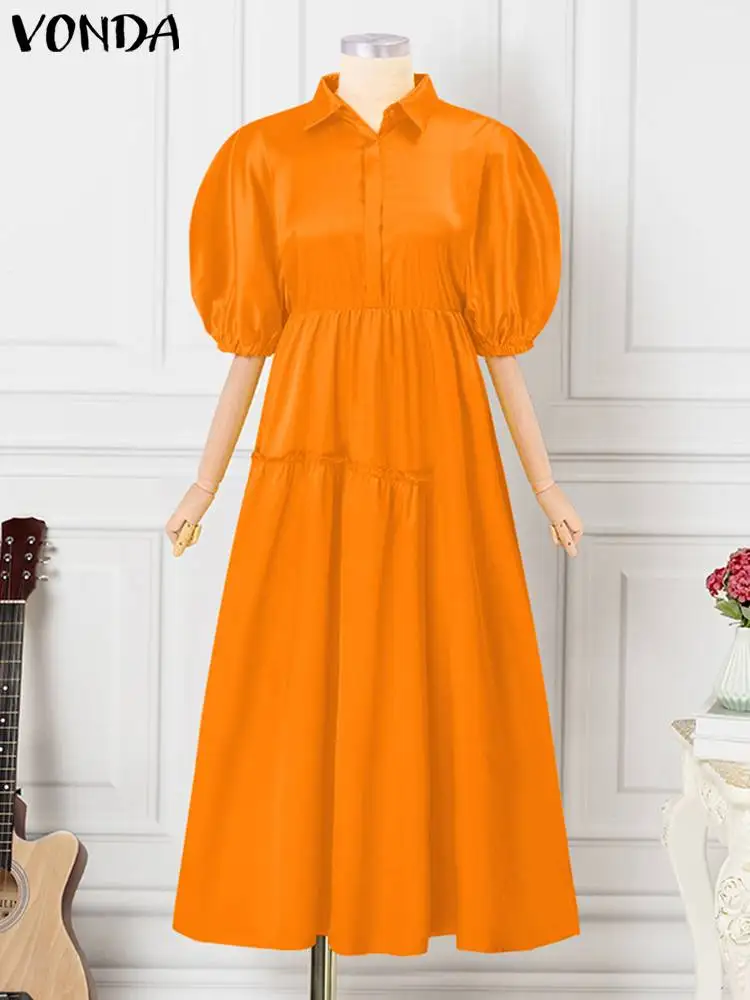 VONDA 2024 Elegant Satin Silk Maxi Dress Women Casual Short Puff Sleeve Long Sundress Autumn Lapel Bohemian Pleated Vestidos