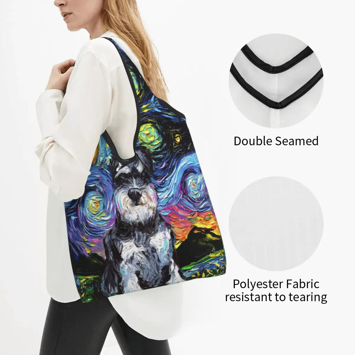 Starry Night Schnauzer Dog Grocery Shopping Bags Cute Shopper Tote Shoulder Bags Large Capacity Portable Pet Lover Handbag