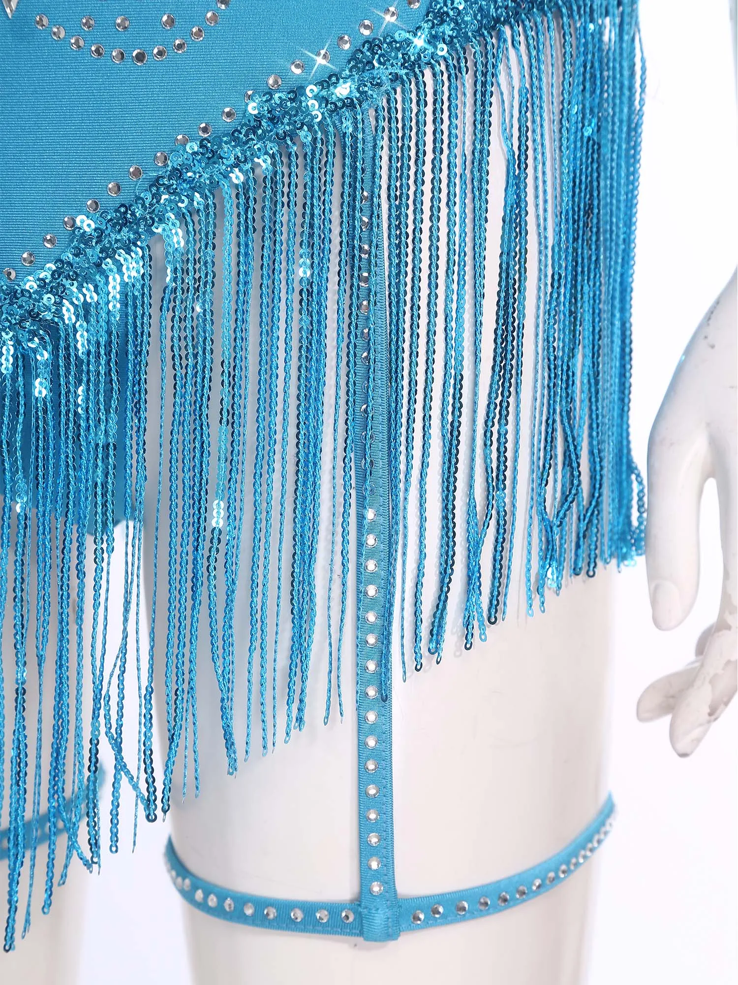 مجموعة أزياء الرقص الشرقي المبهر للسيدات مع قفص علوي قصير وتنورة قصيرة بشرابة ترتر مع أربطة رباط لمناسبات النادي #5