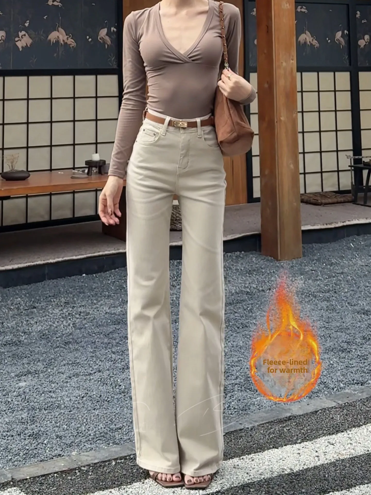 

Джинсы женские прямые оверсайз с флисовой подкладкой, с высокой талией, расклешенные, для осени и зимы, повседневные, из эластичного хлопкового денима