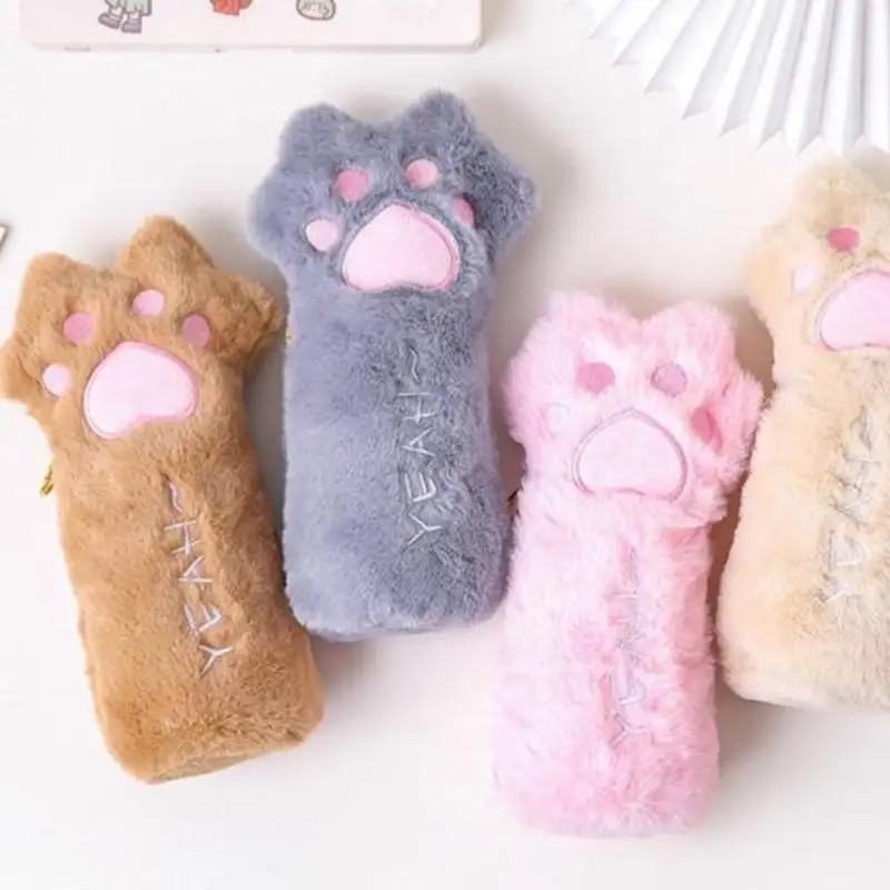 Cartoon Plush Cat Paw Pencil Case Large Capacity Storage Bag School Stationery Organizer Portable Multi Functional Pencil Pouch